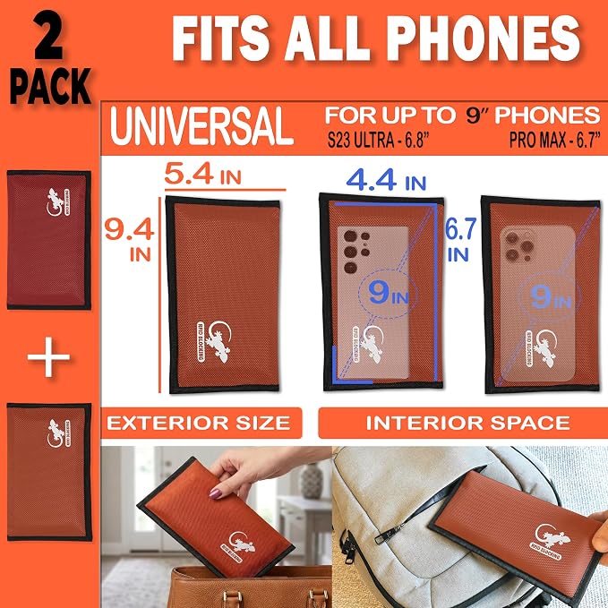 Faraday Bag Anti-Tracking GPS RFID Car Key Signal Blocker Wallet Shielding Pouch Protective Case for Cell Phone Car Key FOB, Data Privacy, Electronic Device Security (2 PACK - RED AND ORANGE)