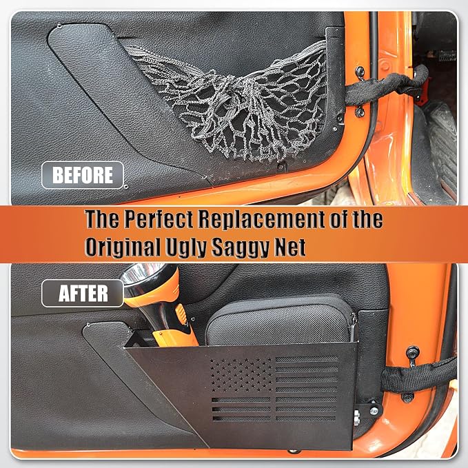 Metal Front Door Pocket Storage Box Compatible with 2007-2018 Jeep Wrangler JK JKU 2/4 Door, 2 PCS Interior Storage Expansion Accessories for Jeep Saggy Net Replacement