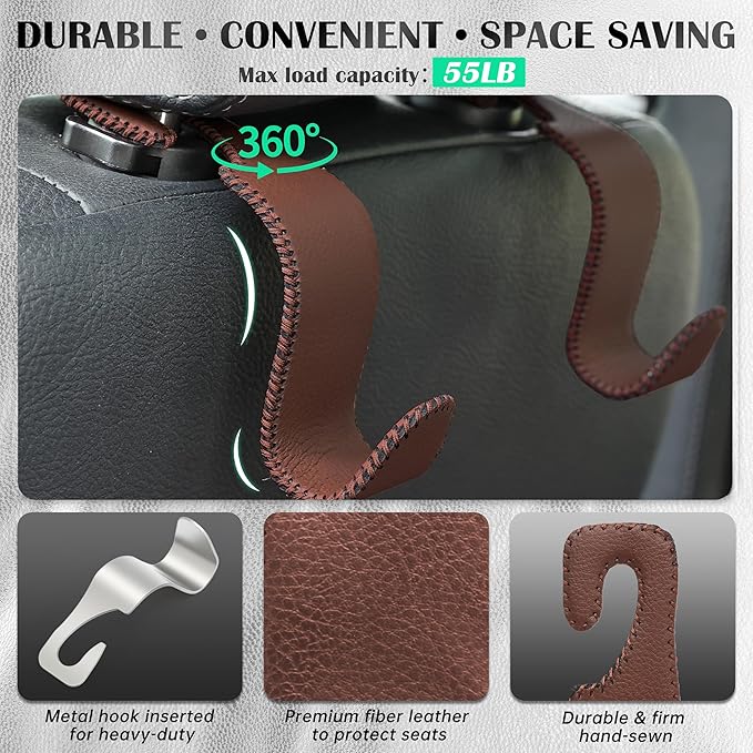 Car Seat Headrest Hook Universal Vehicle Storage Hanger Leather with Metal Car Seat Back Organizer for Handbag Purse Coat Brown 2 Pack