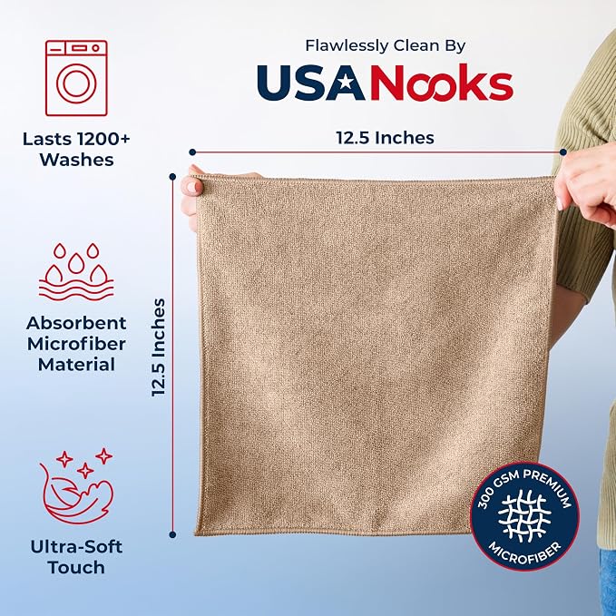 Microfiber Cleaning Cloth - Beige - 8Pcs (12.5x12.5 inch) High Performance - 1200 Washes, Ultra Absorbent Car Towel Traps Grime & Liquid for Streak-Free Mirror Shine - car Washing Cloth