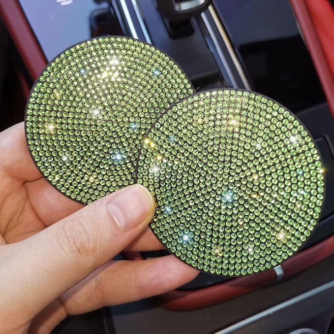 2pcs Bling Car Cup Holder Coaster, 2.75 inch Anti-Slip Shockproof Universal Fashion Car Coasters Insert Bling Crystal Rhinestone Automotive Interior Accessories for Women (2 pcs, Light Green)