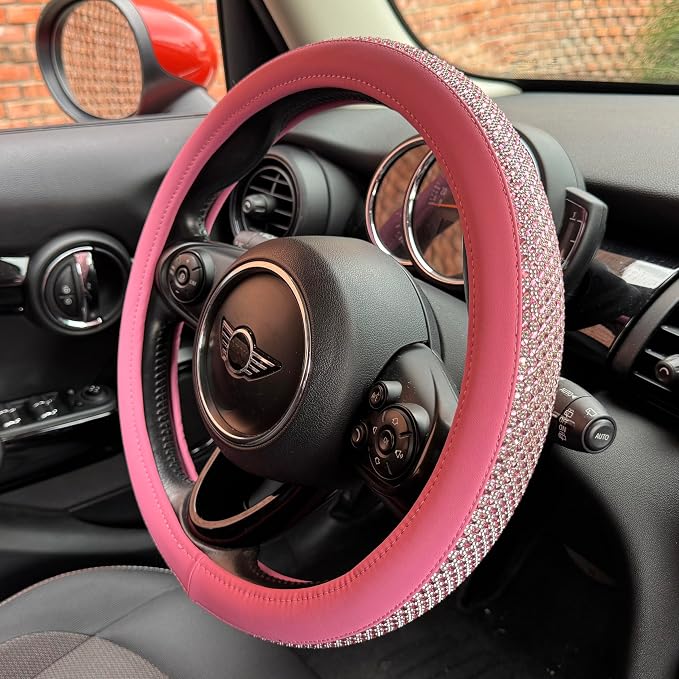 Bling Bling Comfy Steering Wheel Cover with Jumbo Crystal Rhinestones, Anti-Slip Diamond Leather, Universal 15 Inch (All Pink)