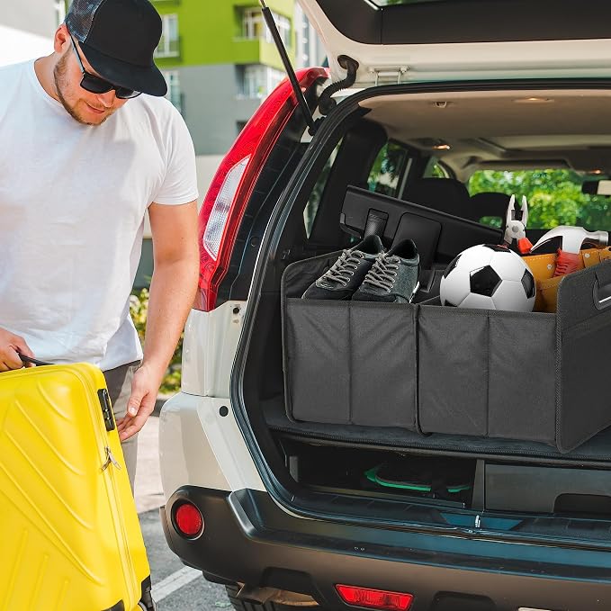 2 Compartments Trunk Organizer for Car/SUV, Collapsible 600D Waterproof Oxford Polyester 50L Storage Box, Anti-slip & Leak-proof, Multipurpose Travel Accessories, Black