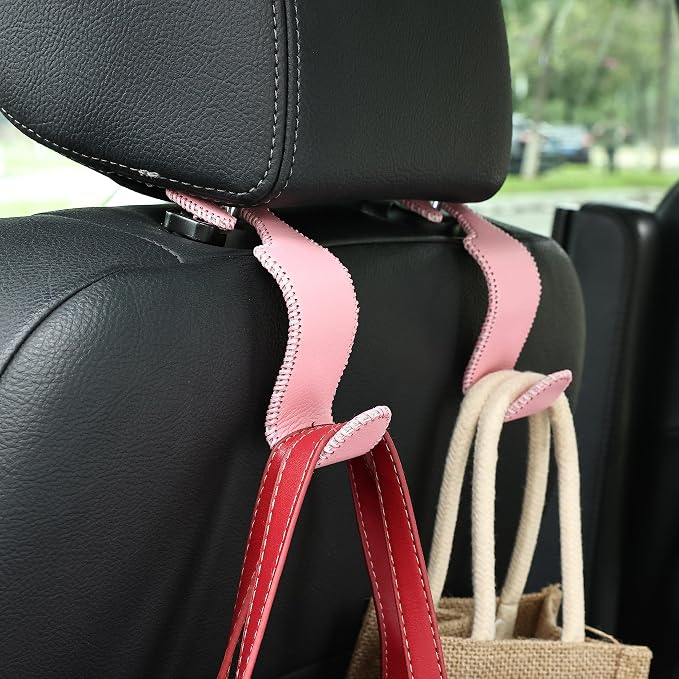 Car Seat Headrest Hook Universal Vehicle Storage Hanger Leather with Metal Car Seat Back Organizer for Handbag Purse Coat Pink 4 Pack