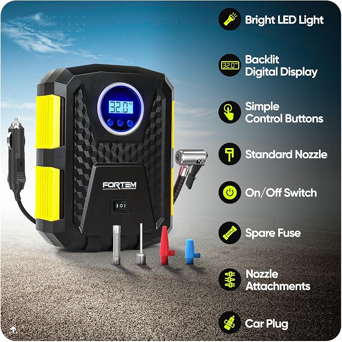 Tire Inflator Portable Air Compressor, Air Pump for Car Tires and Bikes, Car Tire Pump w/Auto Shut Off, 150 PSI, 12V DC, LED Light, Carrying Case, Perfect For Men, Women