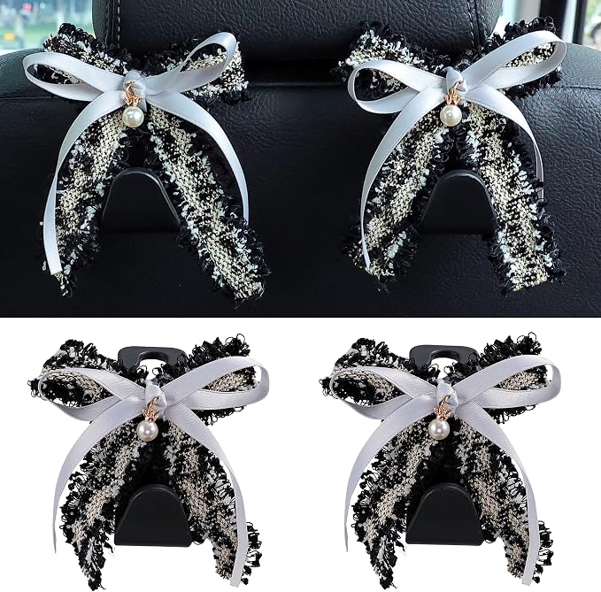 Car Seat Headrest Hook Cute Bowknot Vehicle Hanger Car Storage Organizer for Handbag Purse Coat Grocery Bag Black Grey