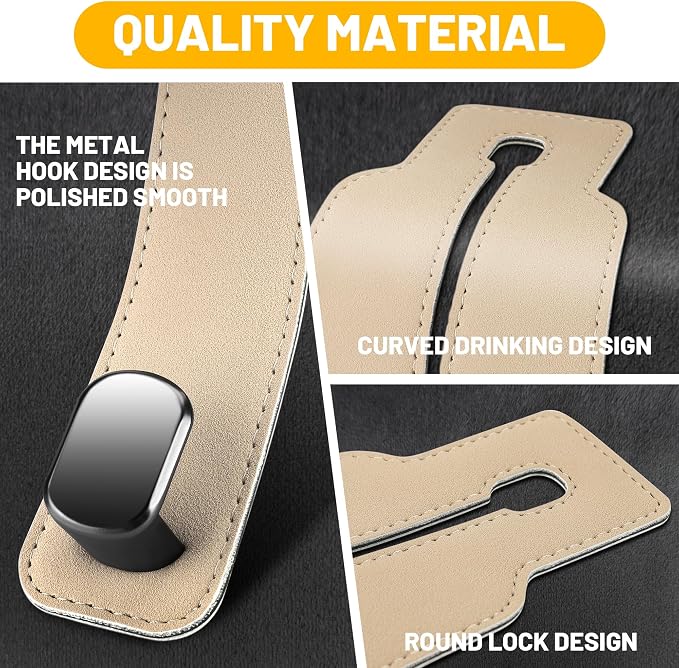 Amelity Car Headrest Hooks, Purse Hook for Vehicle 4 Pack Beige | Universal Car Interior Accessories for Women, Available in 2/4 Pack, Storage Hanger Holds Purses, Backpacks, Grocery Bags
