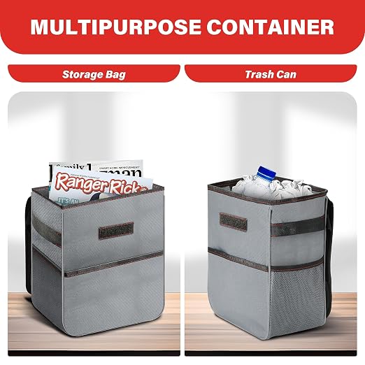 2 Gallon Car Trash Can Lid and Storage Pockets, Leak-Proof Collapsible and Portable Organizer, Multipurpose Garbage Bin with Adjustable Straps, Grey (Pack of 2)