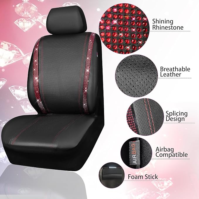 Leather Red Diamond Seat Cover Set, 11pcs Including Steering Wheel & Gear Cover, for Women, Universal Fit