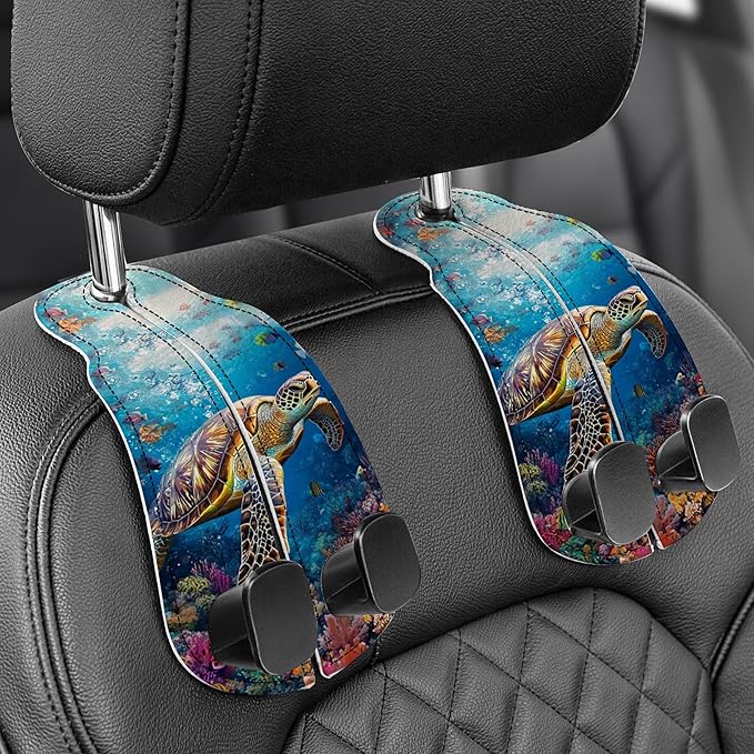 Purse Holder for Car, 2 Pack Heavy Duty Purse Hanger for Car, PU Leather Car Seat Hooks for Purses and Bags, Cute Turtle Headrest Organizer for Handbags & Backpacks