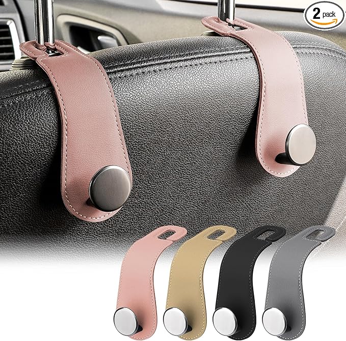 Leather Car Seat Storage Hanger, 2 Pack Stylish Hooks for Purses Bags, Coats Umbrellas, Pink