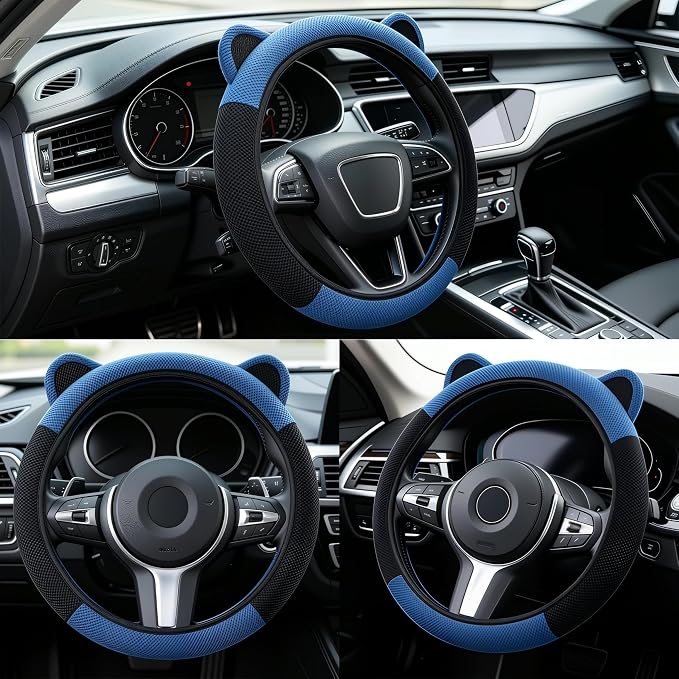 Steering Wheel Cover with Ears Keychain Fit 14-15 inch Black Blue | Cute Car Steering Wheel Covers for Women Girls Elastic Breathable Steering Wheel Protector Accessories Universal Size