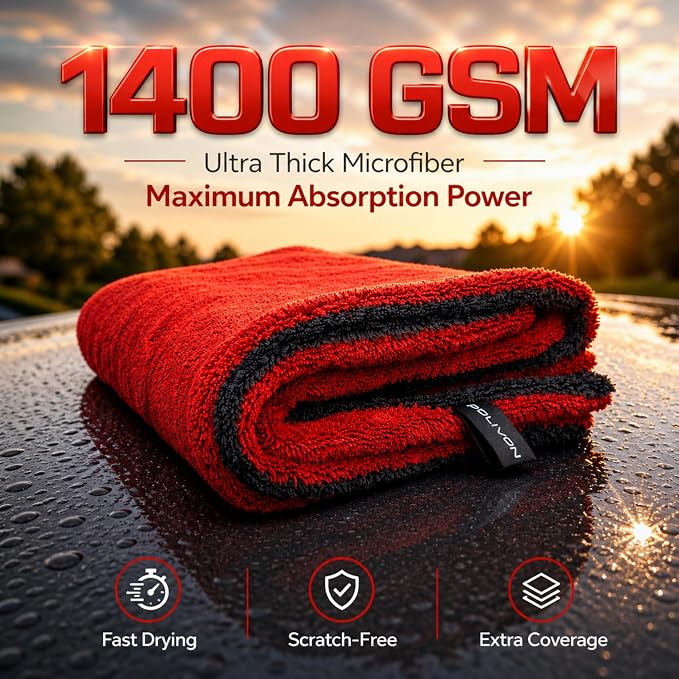 Car Drying Towel 24”x36”, 1400 GSM Twisted Loop Microfiber, Ultra Absorbent, Streak-Free, Lint-Free, Scratch-Free for Car, Truck & SUV, Quick Drying in Fewer Passes (Red)