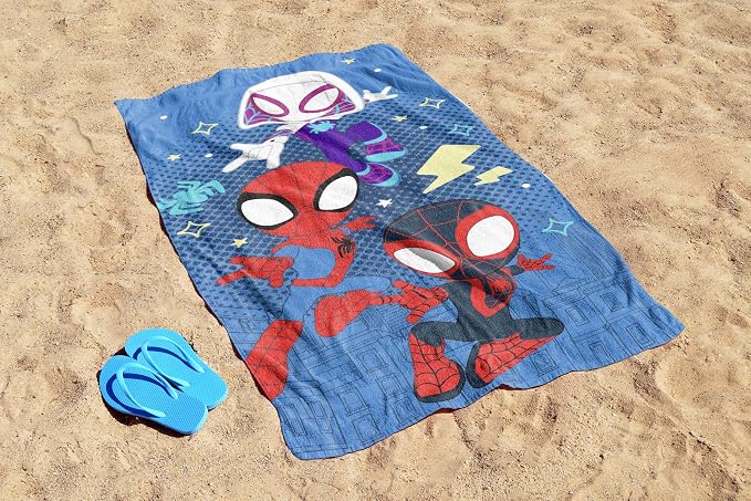 Children Beach Towel - 100% Cotton Super Soft Absorbent Bath Towel, 28" x 58" Inch Lightweight for Travel, Official Licensed Product, Blue - Spidey & His Amazing Friends