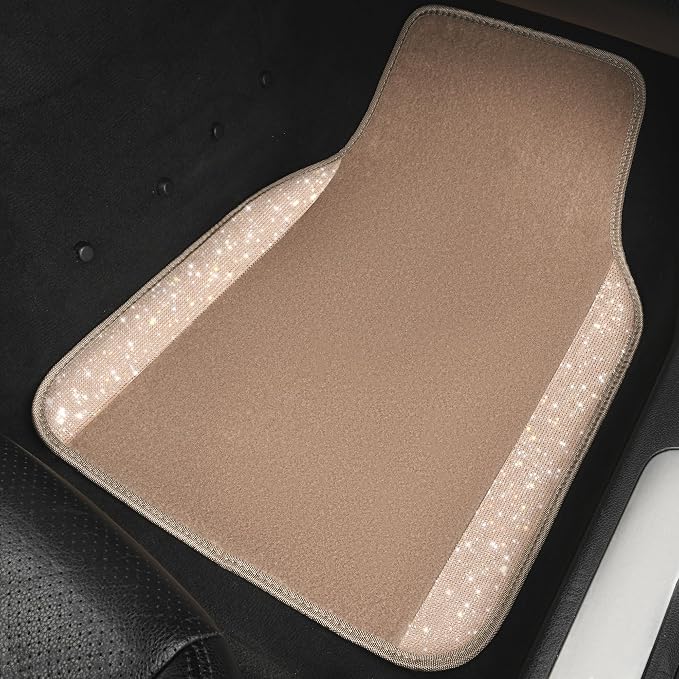 Bling Car Mats Shining Diamond Carpet Crystal Rhinestones Sparkly Glitter Floor Mats with Anti-Slip PVC Heel Pad Universal Fit for Automotive SUV, Sedan, Car, Van, 4pcs for Girl Women, Beige