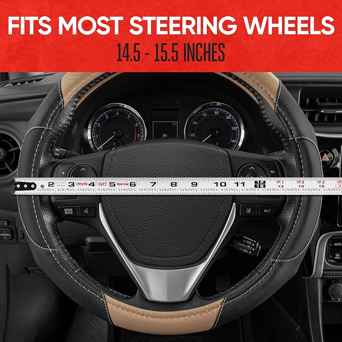 GripDrive Carbon Fiber Steering Wheel Cover, Non-Slip Sporty Racing Faux Leather Ergonomic Comfortable Handle, Steering Wheel Cover for Cars Trucks Vans SUV - Fits Standard 15 Inch - Beige