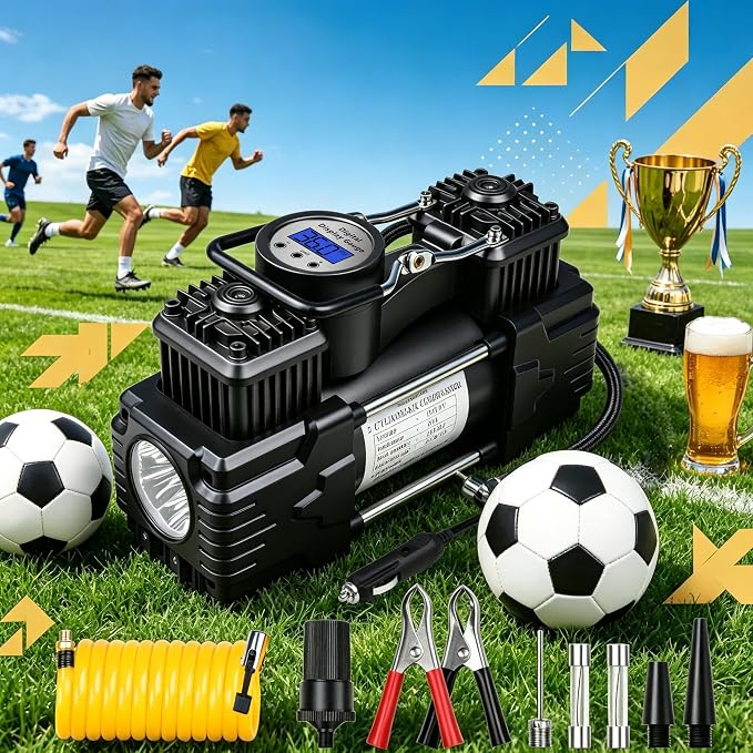 Dual Cylinder Portable Tire Inflator Air Compressor, 150 PSI 12V DC Air Pump with Digital Display, Emergency LED Light, Auto Shut-Off, Heavy Duty