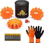 3 Pack LED Road Flares Kit - Flashing Warning Light Emergency Disc Beacon Roadside Flare Safety Light Magnetic Base for Car Truck Boat - Includes Batteries Screwdriver Gloves Storage Bag