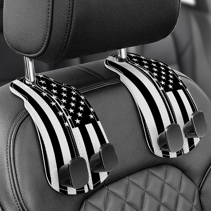 Purse Holder for Car, 2 Pack Heavy Duty Purse Hanger for Car, PU Leather Car Seat Hooks for Purses and Bags, Cute Flag Headrest Organizer for Handbags & Backpacks