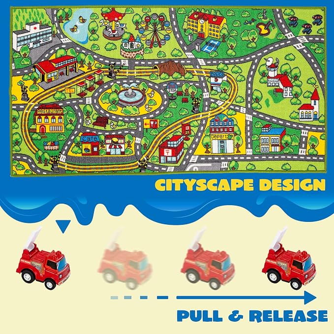 Carpet Playmat w/ 12 Cars Pull-Back Vehicle Set for Kids Age 3+, Jumbo Play Room Rug, City Pretending Play