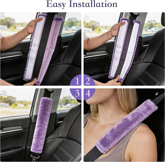 Soft Faux Fur Universal Fit Seatbelt Cover Car Truck SUV Airplane Seat Belt Shoulder Pad for Carmera Backpack Straps Neck Cushion Protector 2 Pack 10.5in Light Lavender