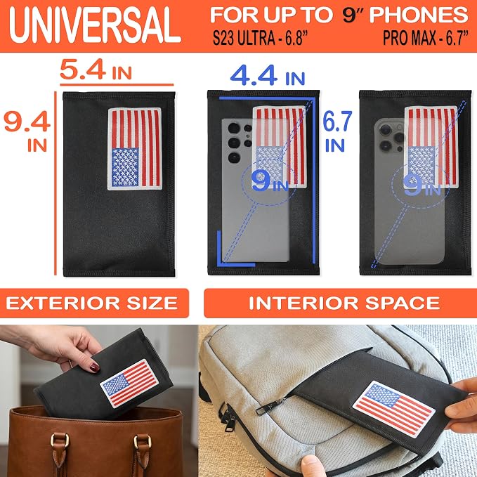 USA Flag Faraday Bag for Phones & Key Fobs – RFID Shielding Privacy Pouch for Electronic Device Storage, Patriotic American Flag Design Faraday Sleeve
