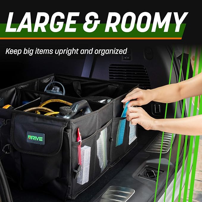 Car Trunk Organizer - Collapsible, Multi-Compartment Automotive SUV Car Organizer for Storage w/Adjustable Straps - Truck & Car Accessories for Women and Men - Grey