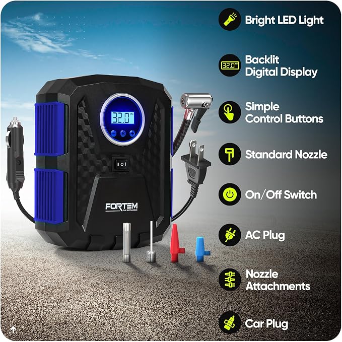 Tire Inflator Portable Air Compressor, Air Pump for Car Tires and Bikes, Car Tire Pump w/Auto Shut Off, 150 PSI, 110V AC 12V DC, LED Light, Carrying Case, Perfect For Men, Women