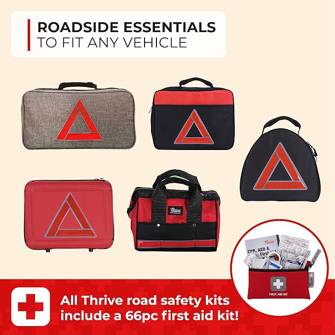 Car Emergency Kit & Roadside Emergency Car Kit - 104-Piece Set, Red Canvas Bag, Universal Fit - Jumper Cables, Escape Hammer & Tire Gauge - Road Trip Essentials & Emergency Supplies