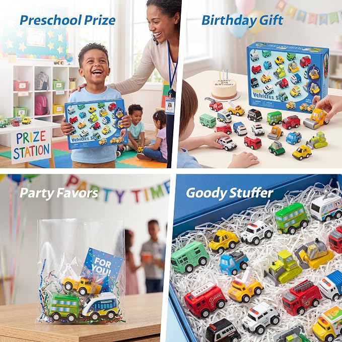 18 Pcs Pull Back City Cars and Trucks Toy Vehicles Set, Friction Powered Mini Cars Toys for Toddlers, Party Favors for Kids 3-5, Birthday Gifts for Boys and Girls, Goodie Bag Stuffers