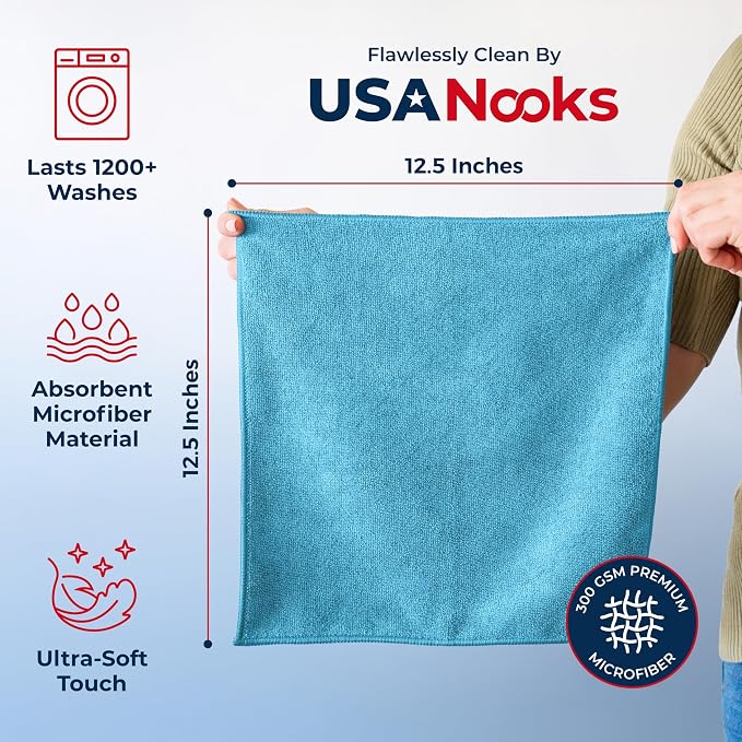 Microfiber Cleaning Cloth - Turq - 12Pcs (12.5x12.5 inch) High Performance - 1200 Washes, Ultra Absorbent Car Towel Traps Grime & Liquid for Streak-Free Mirror Shine - car Washing Cloth