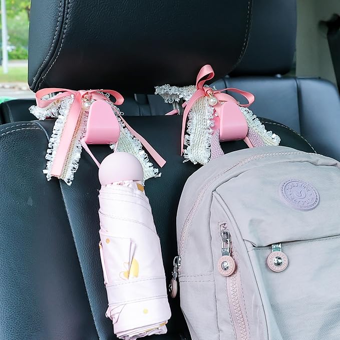 Car Seat Headrest Hook Cute Bowknot Vehicle Hanger Car Storage Organizer for Handbag Purse Coat Grocery Bag Pink White