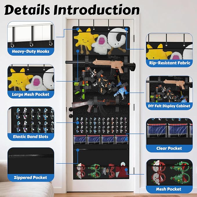 Over the Door Organizer for Toy Storage, 68.9"x25.6" Door Hanging with Hooks Slots Pockets and Felt Display Cabinet for Toy Guns, Toy Cars, Stuffed Animal, Home Living Space Saving Storage (Black)