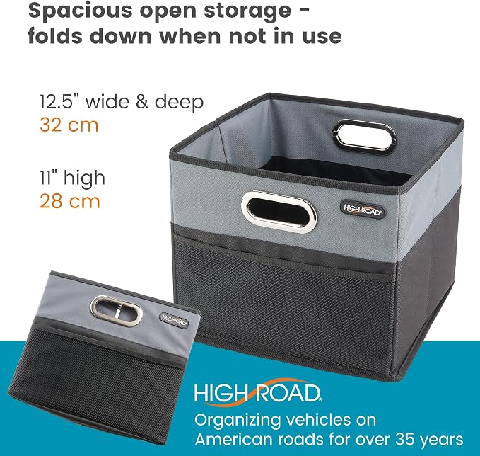 CargoCube Car Storage Bin - Leakproof Car Trunk Storage Organizer with Metal Handles and Front Mesh Pocket (Square)