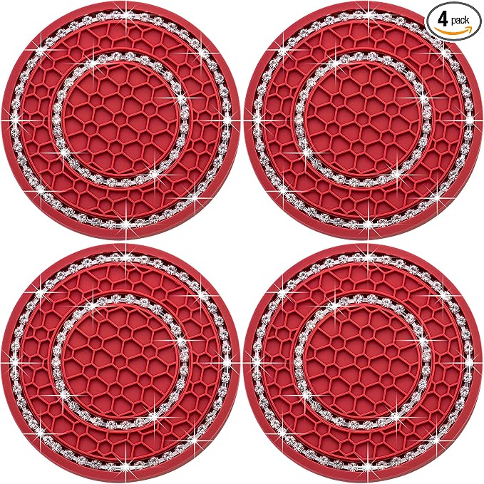 4PCS Bling Crystal Rhinestone Cup Holder Coaster, 2.75 inch Soft Silicone Anti-Slip Shockproof, Car Cup Holder Insert Coasters, Universal Car Interior Accessories for Women (Red & White)