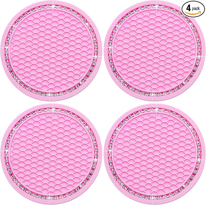 4PCS Bling Cup Holder Coaster, 2.75 Inch Auto Car Cup Holder Insert Coasters, Soft Silicone Anti-Slip Shockproof, Universal Vehicle Interior Accessories for Women Girls (Pink & White)