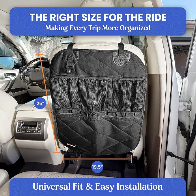 Car Seat Back Organizer – Heavy-Duty Kick Mat w/Mesh Storage Pockets, Bottle Hook – UV-Resistant Hardware – Waterproof Backseat Organizer for Kids & Pets – Fits SUVs, Trucks, Cars – Black