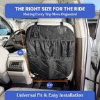 Car Seat Back Organizer – Heavy-Duty Kick Mat w/Mesh Storage Pockets, Bottle Hook – UV-Resistant Hardware – Waterproof Backseat Organizer for Kids & Pets – Fits SUVs, Trucks, Cars – Black