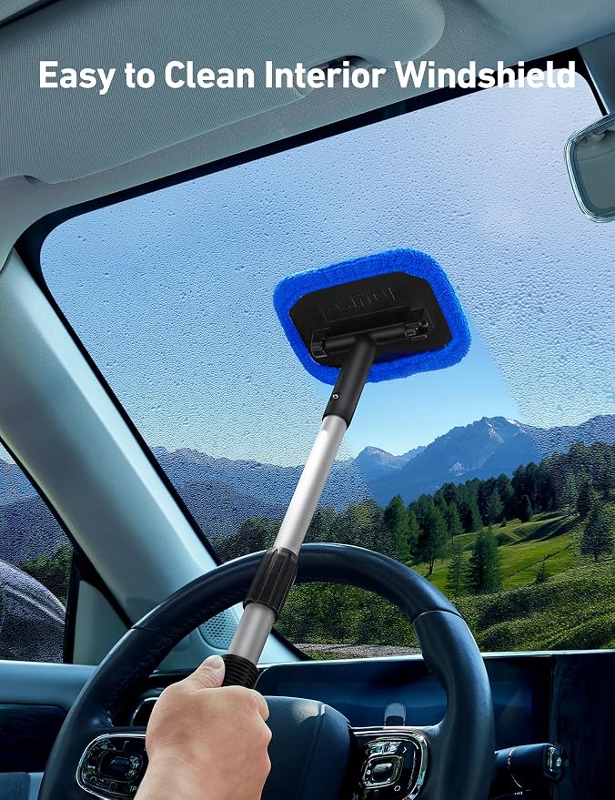 Windshield Cleaner, Microfiber Window Cleaner with 4 Reusable Washable Large Sponge Pads, Extendable 180° Rotating Handle, Fits Cars & SUVs, Includes Spray Bottle, Blue