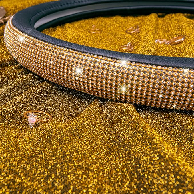 Rhinestones Diamond Bling Steering Wheel Cover, Universal Fit for SUV,Vans,Sedan,Car,Truck 14.5-15inch Universal Fit (Golden) Crystal Glitter for Women Sparkle Girly Sparkling Gold Shining