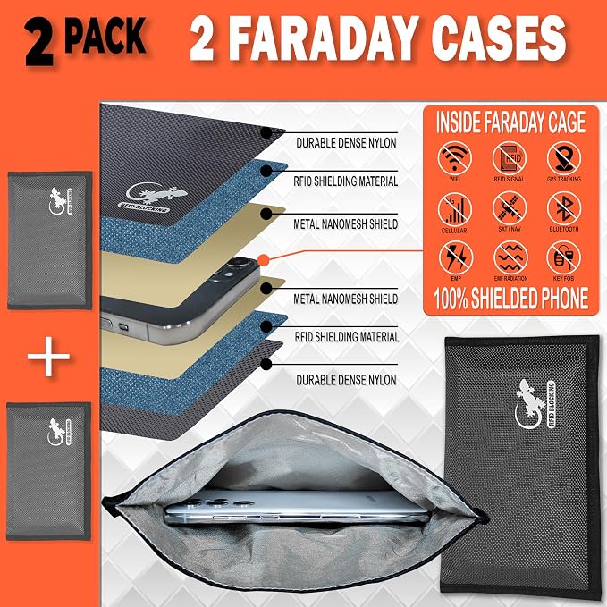 Two Faraday Bags Anti-Tracking GPS RFID Signal Blocker Wallet Shielding Pouches (x2) Protective Cases for Cell Phone Car Key FOB, Data Privacy, Electronic Device Security (2 PACK - POCKET GRAY)