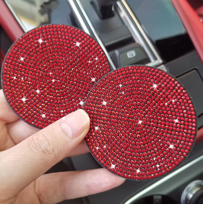 2pcs Bling Car Cup Holder Coaster, 2.75 inch Anti-Slip Shockproof Universal Fashion Car Coasters Insert Bling Crystal Rhinestone Automotive Interior Accessories for Women (2 pcs, Red)