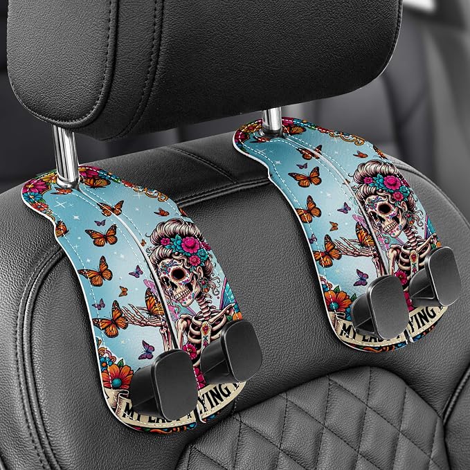 Purse Holder for Car, 2 Pack Heavy Duty Purse Hanger for Car, PU Leather Car Seat Hooks for Purses and Bags, Cute Skeleton Headrest Organizer for Handbags & Backpacks