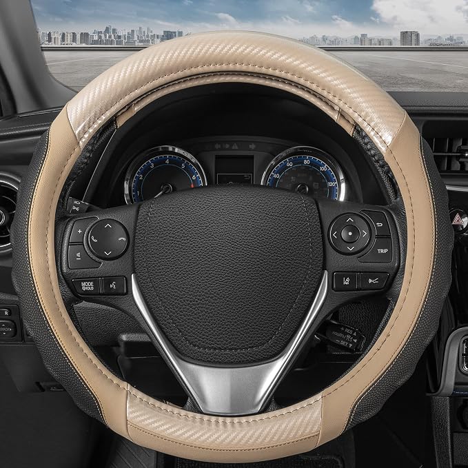 UltraSport Beige Carbon Fiber Steering Wheel Cover, Standard 15 inch Size, Black Faux Leather Comfort Grip, Car Steering Wheel Cover for Auto Truck Van SUV