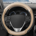 UltraSport Beige Carbon Fiber Steering Wheel Cover, Standard 15 inch Size, Black Faux Leather Comfort Grip, Car Steering Wheel Cover for Auto Truck Van SUV
