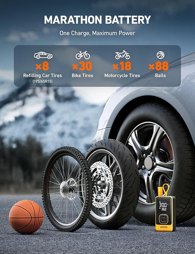 L7 Air Tire Inflator Portable Air Compressor, 150PSI Electric Cordless Car Pump with Digital Gauge, Fast 1-Min Inflation, Auto Shutoff, LED Light for Car, SUV, Motorcycle & Bike Tires, Yellow