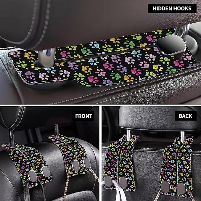 Car Headrest Purse Hanger Colorful Paw Prints 1 Pack Bag Purse Holder for Car Premium Leather Double Metal Hook for Handbags, Grocery Bags and Phones