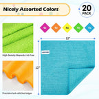 Microfiber Cleaning Cloth, 20 Pack Cleaning Rags, Cleaning Towels for Housekeeping, Kitchen, Car, Lint-Free, Reusable Shop Towels with 5 Colors (Green/Blue/Yellow/Orange/Pink), 12"X12"