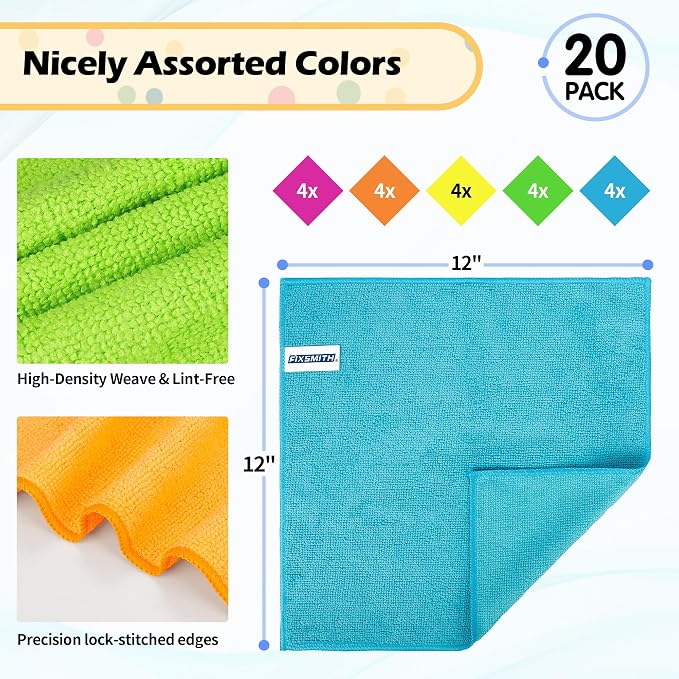 Microfiber Cleaning Cloth, 20 Pack Cleaning Rags, Cleaning Towels for Housekeeping, Kitchen, Car, Lint-Free, Reusable Shop Towels with 5 Colors (Green/Blue/Yellow/Orange/Pink), 12"X12"