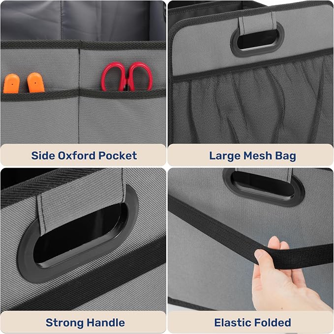 Trunk Organizer for Car/SUV/Truck, Collapsible 2 Compartment Automotive Storage Box, 600D Waterproof Oxford Polyester 50L Travel Accessories, Anti-slip & Leak-proof, Grey (Pack of 2)